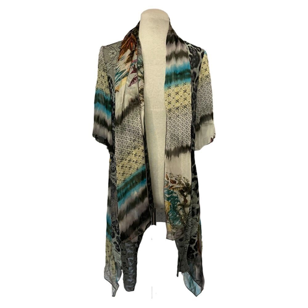 Alberto Makali asymmetrical Sheer Vintage Open Front Cover-Up Cardi Top Size L